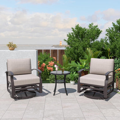 Kullavik 3Pcs Aluminum Rocking Chair Swivel Chairs Set with Glass Top Table & 5 Thick Cushion