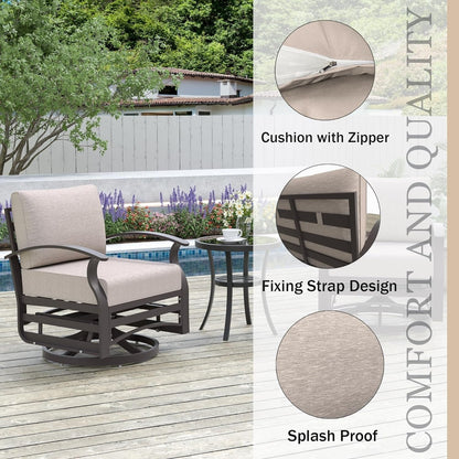 Kullavik 3Pcs Aluminum Rocking Chair Swivel Chairs Set with Glass Top Table & 5 Thick Cushion