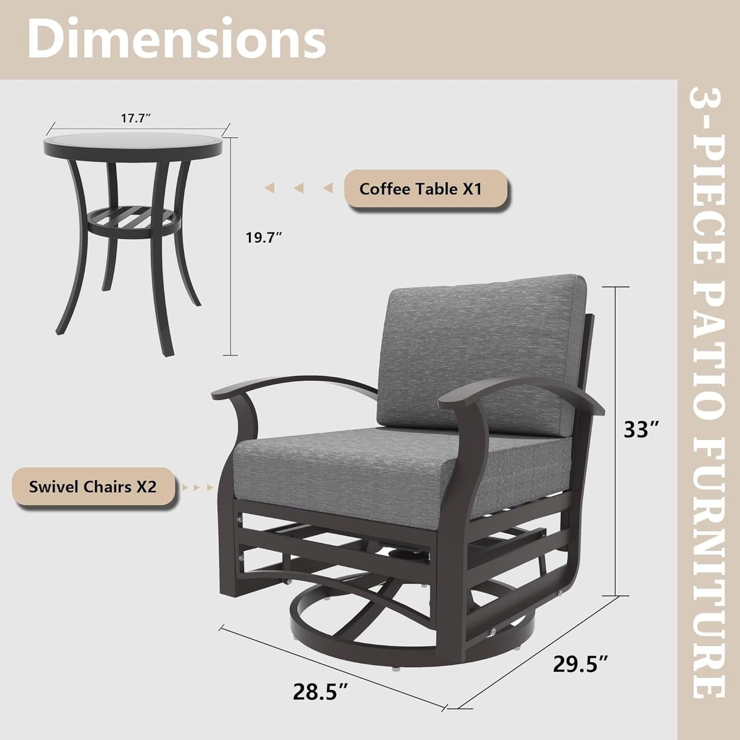 Kullavik 3Pcs Aluminum Rocking Chair Swivel Chairs Set with Glass Top Table & 5 Thick Cushion