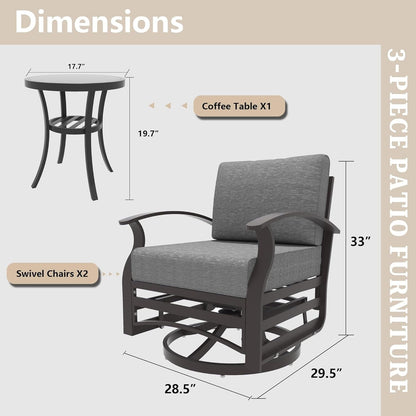 Kullavik 3Pcs Aluminum Rocking Chair Swivel Chairs Set with Glass Top Table & 5 Thick Cushion