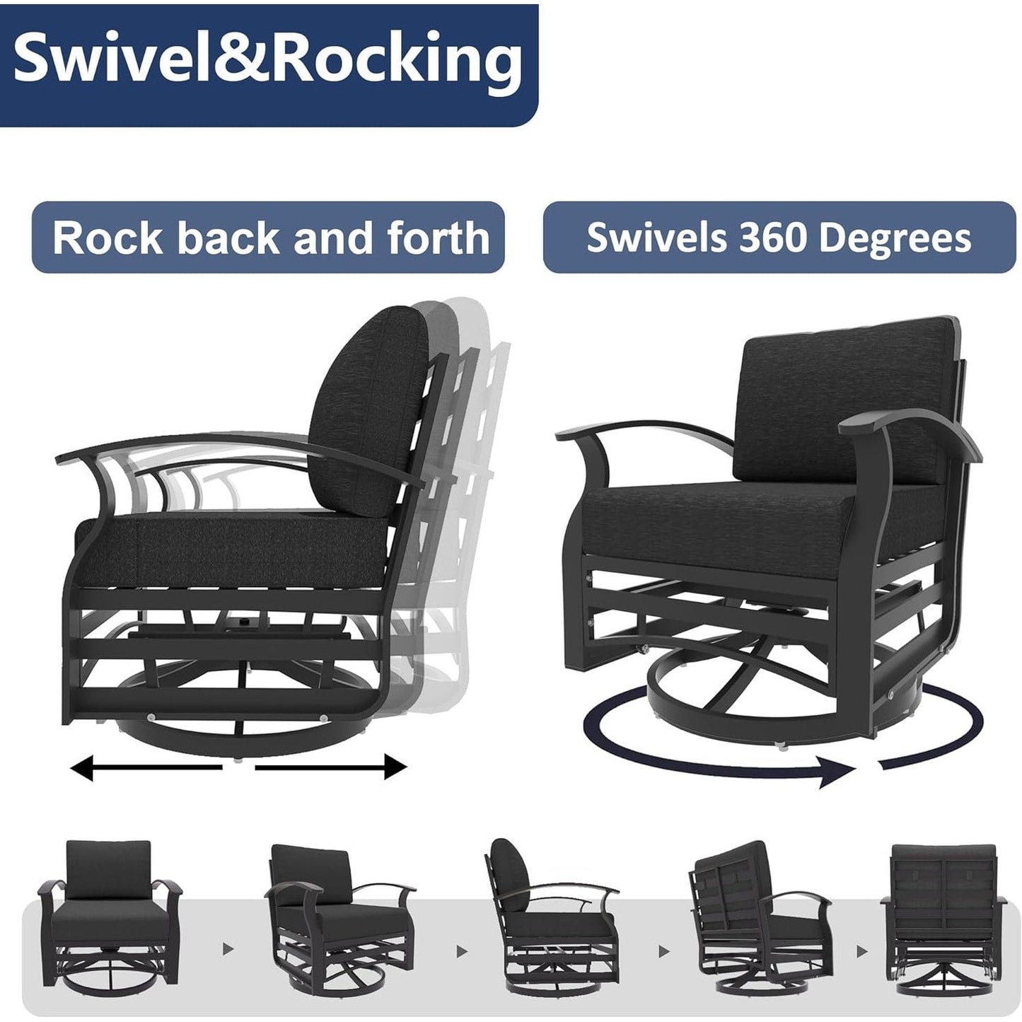 Kullavik 3Pcs Aluminum Rocking Chair Swivel Chairs Set with Glass Top Table & 5 Thick Cushion