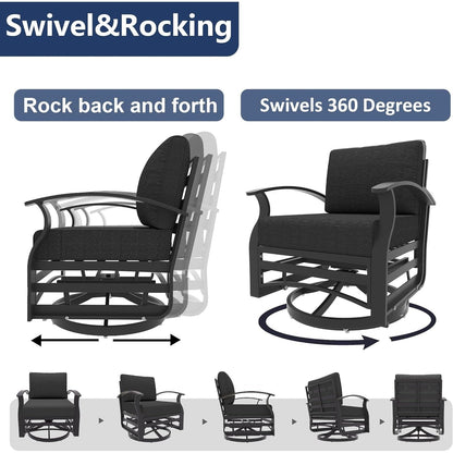 Kullavik 3Pcs Aluminum Rocking Chair Swivel Chairs Set with Glass Top Table & 5 Thick Cushion
