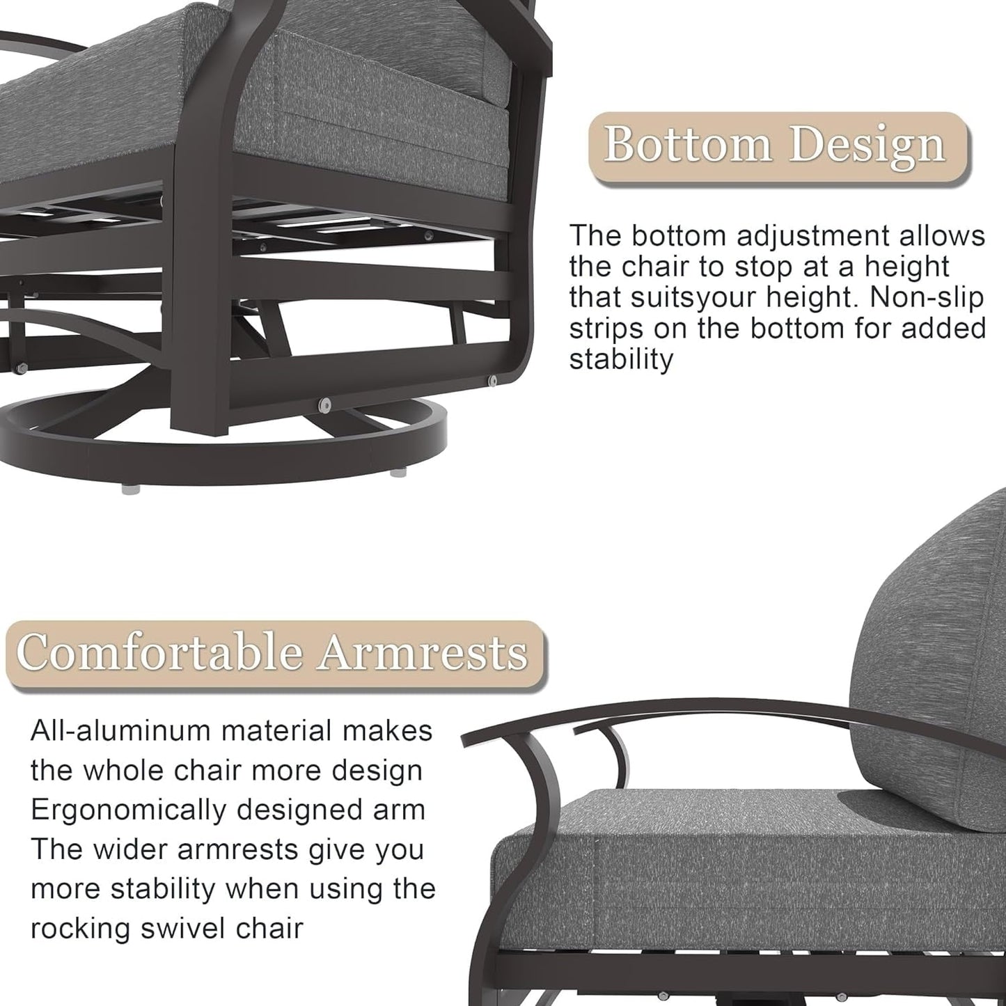 Kullavik 3Pcs Aluminum Rocking Chair Swivel Chairs Set with Glass Top Table & 5 Thick Cushion