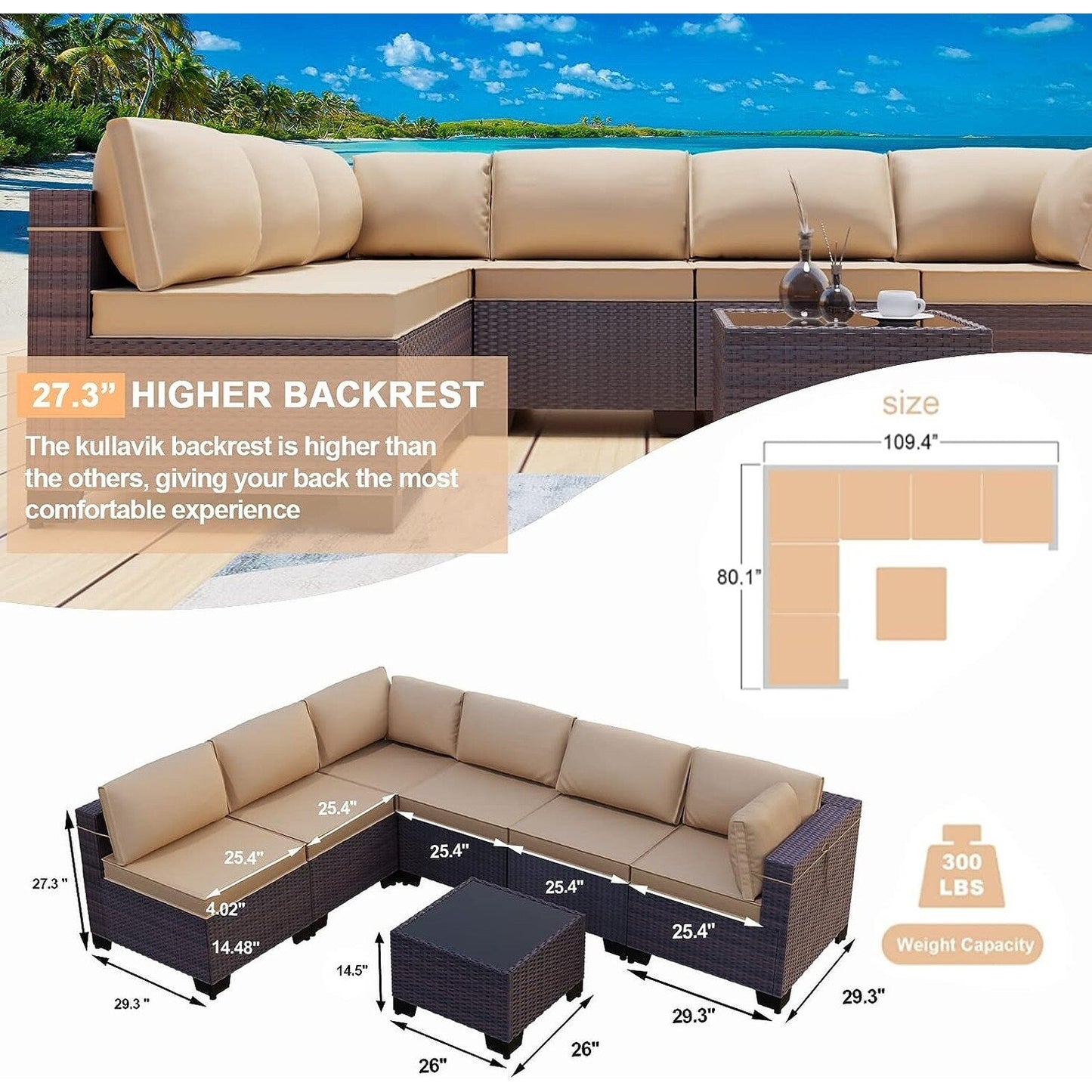 Kullavik 7 Pieces Outdoor Sectional Sofa Set Brown Wicker Patio Conversation Set with Seat Cushions and Tempered Glass Table