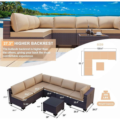 Kullavik 7 Pieces Outdoor Sectional Sofa Set Brown Wicker Patio Conversation Set with Seat Cushions and Tempered Glass Table
