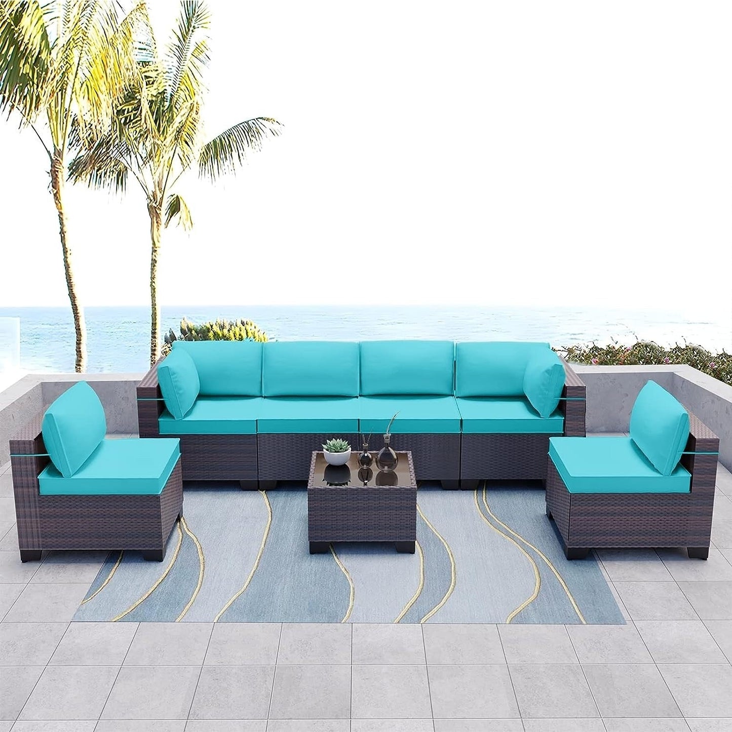 Kullavik 7 Pieces Outdoor Sectional Sofa Set Brown Wicker Patio Conversation Set with Seat Cushions and Tempered Glass Table