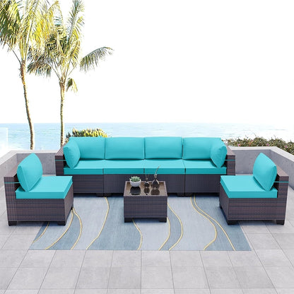 Kullavik 7 Pieces Outdoor Sectional Sofa Set Brown Wicker Patio Conversation Set with Seat Cushions and Tempered Glass Table
