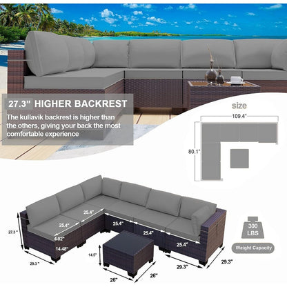 Kullavik 7 Pieces Outdoor Sectional Sofa Set Brown Wicker Patio Conversation Set with Seat Cushions and Tempered Glass Table