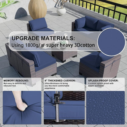 Kullavik 7 Pieces Outdoor Sectional Sofa Set Brown Wicker Patio Conversation Set with Seat Cushions and Tempered Glass Table