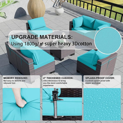 Kullavik 7 Pieces Outdoor Sectional Sofa Set Brown Wicker Patio Conversation Set with Seat Cushions and Tempered Glass Table