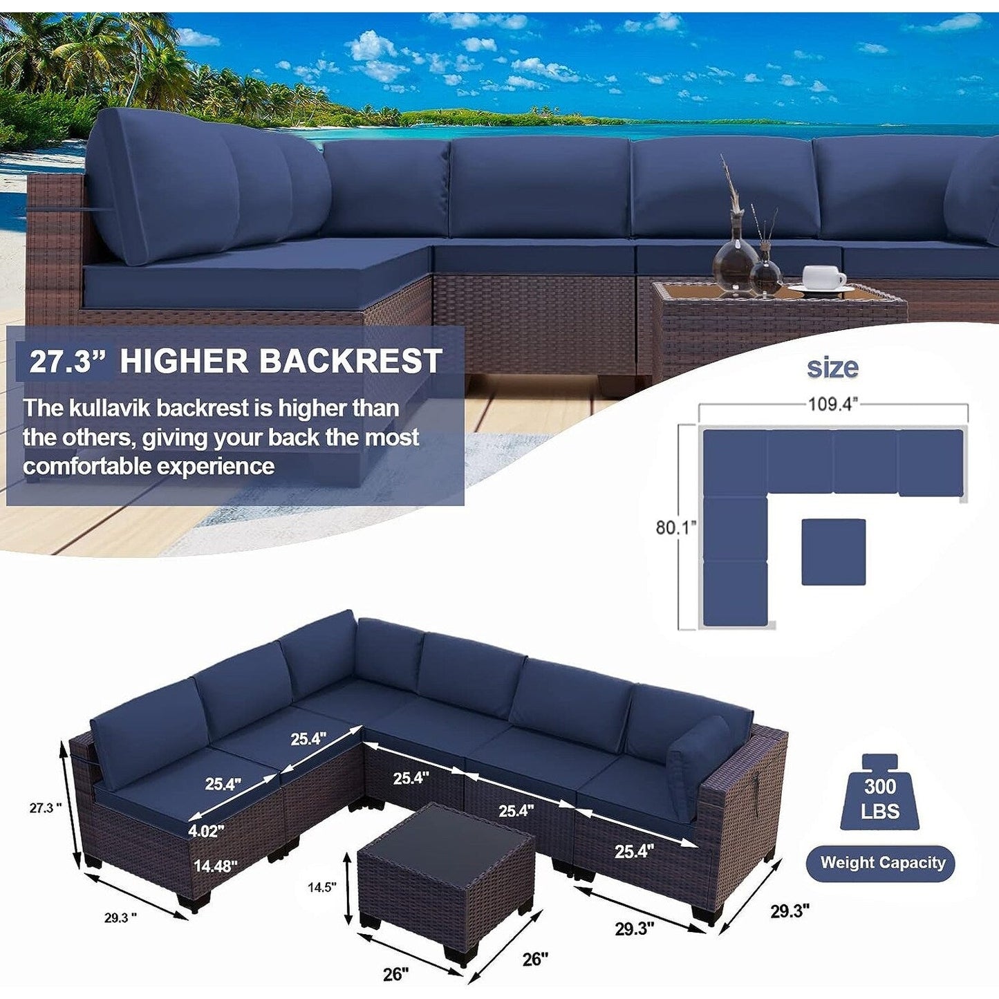 Kullavik 7 Pieces Outdoor Sectional Sofa Set Brown Wicker Patio Conversation Set with Seat Cushions and Tempered Glass Table