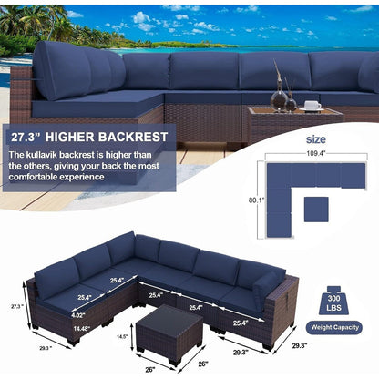 Kullavik 7 Pieces Outdoor Sectional Sofa Set Brown Wicker Patio Conversation Set with Seat Cushions and Tempered Glass Table