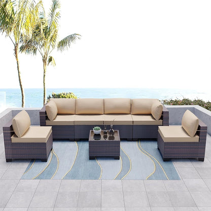 Kullavik 7 Pieces Outdoor Sectional Sofa Set Brown Wicker Patio Conversation Set with Seat Cushions and Tempered Glass Table