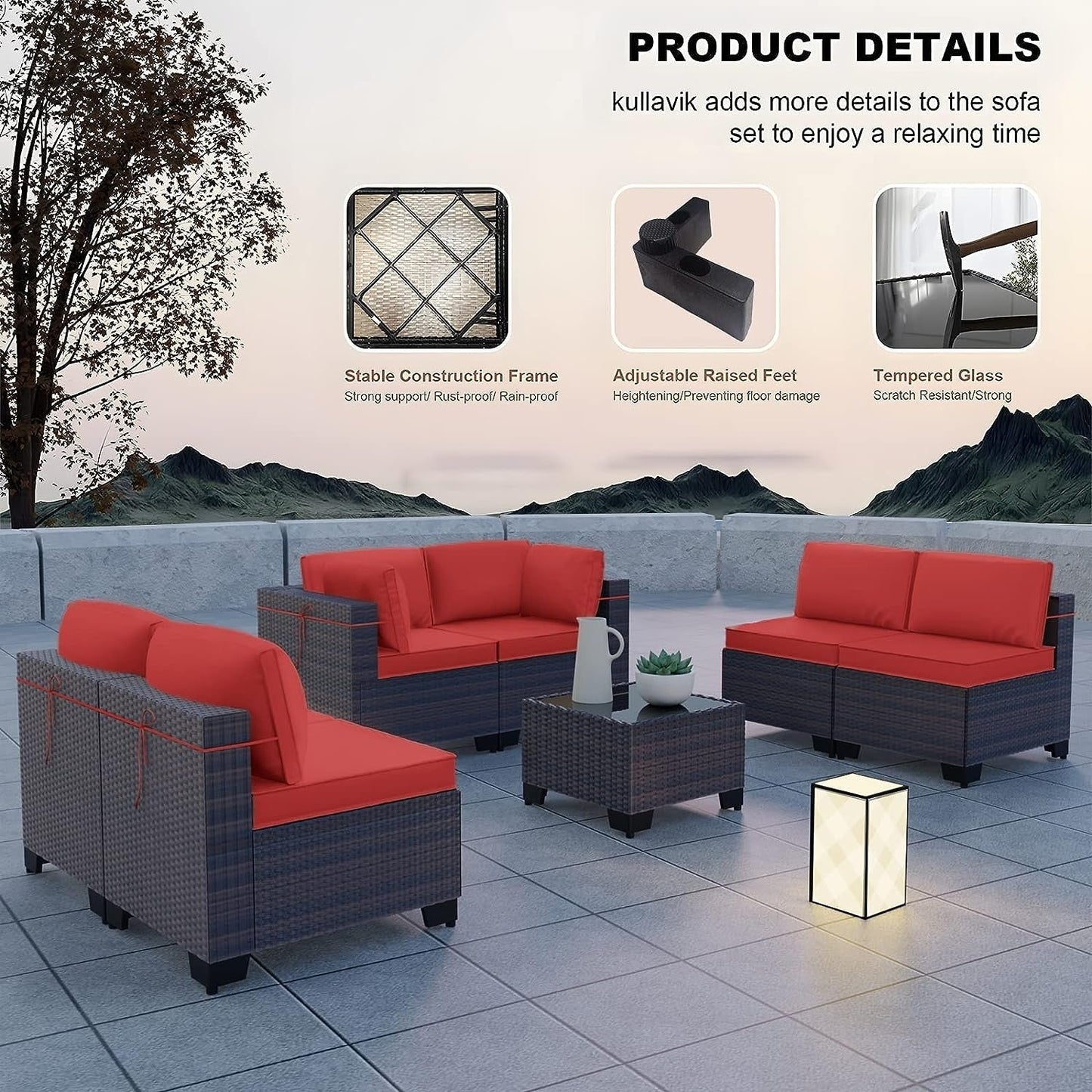 Kullavik 7 Pieces Outdoor Sectional Sofa Set Brown Wicker Patio Conversation Set with Seat Cushions and Tempered Glass Table