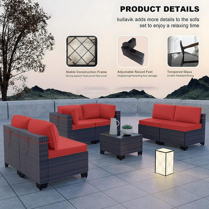 Kullavik 7 Pieces Outdoor Sectional Sofa Set Brown Wicker Patio Conversation Set with Seat Cushions and Tempered Glass Table