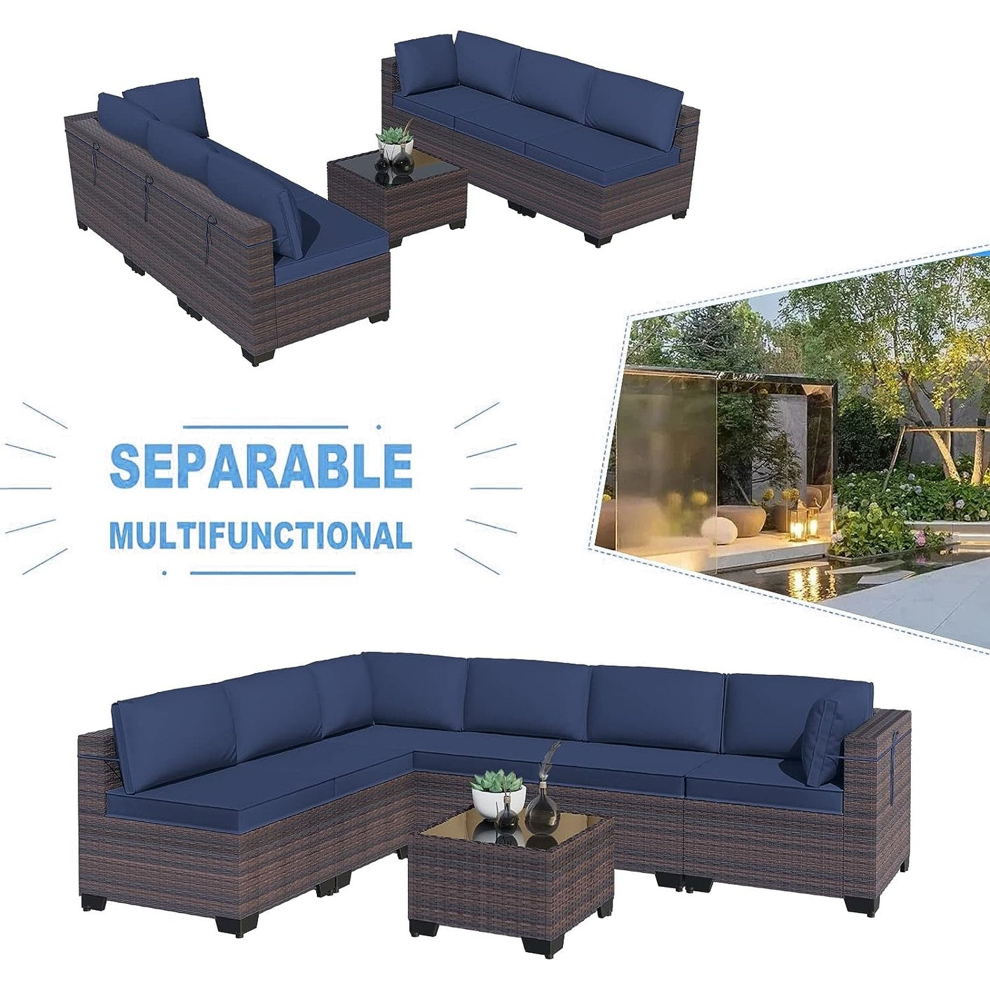 Kullavik 7 Pieces Outdoor Sectional Sofa Set Brown Wicker Patio Conversation Set with Seat Cushions and Tempered Glass Table