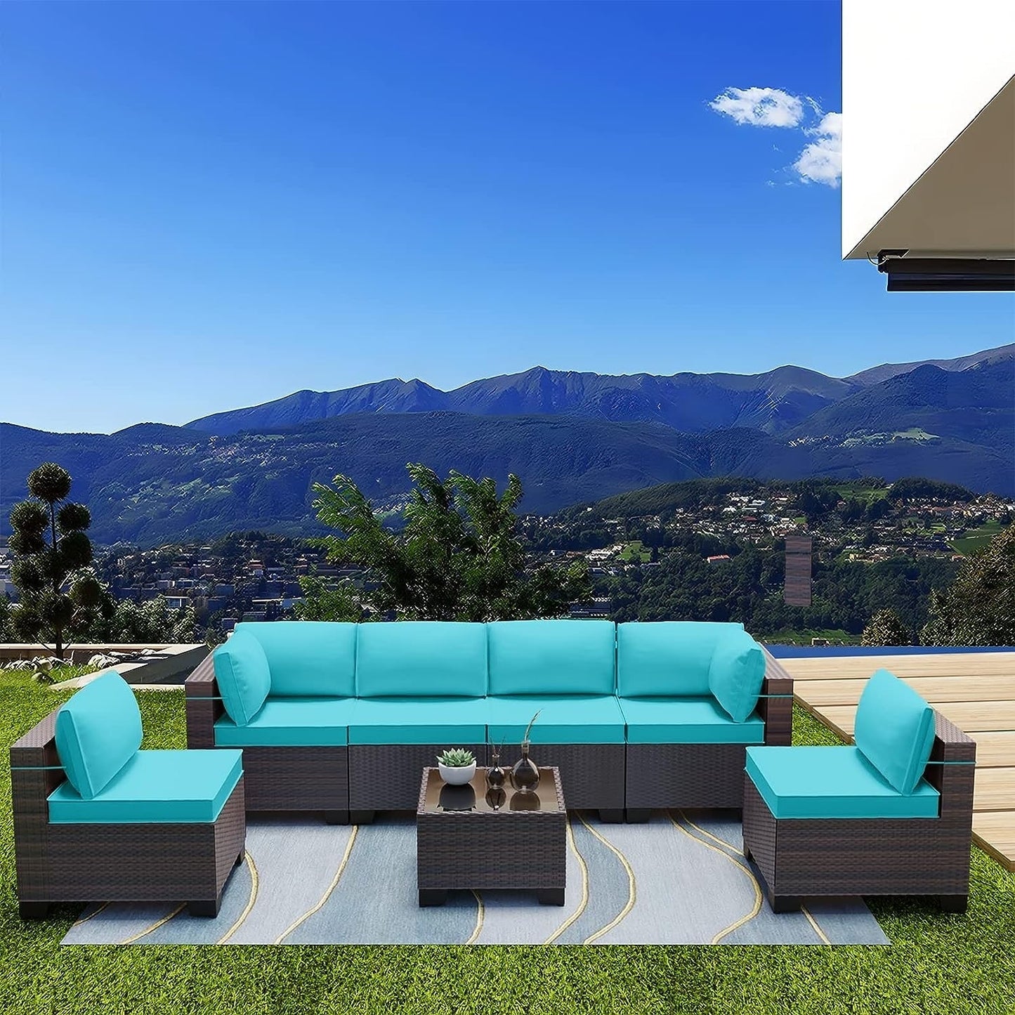 Kullavik 7 Pieces Outdoor Sectional Sofa Set Brown Wicker Patio Conversation Set with Seat Cushions and Tempered Glass Table