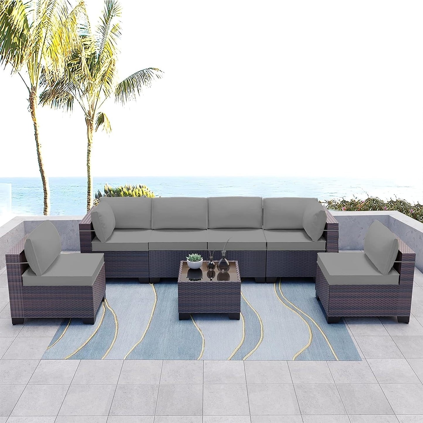 Kullavik 7 Pieces Outdoor Sectional Sofa Set Brown Wicker Patio Conversation Set with Seat Cushions and Tempered Glass Table
