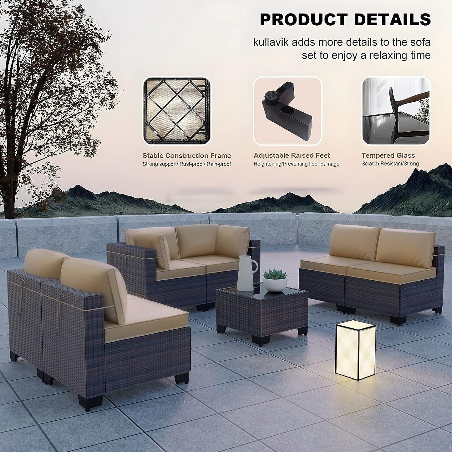 Kullavik 7 Pieces Outdoor Sectional Sofa Set Brown Wicker Patio Conversation Set with Seat Cushions and Tempered Glass Table