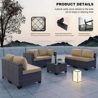 Kullavik 7 Pieces Outdoor Sectional Sofa Set Brown Wicker Patio Conversation Set with Seat Cushions and Tempered Glass Table