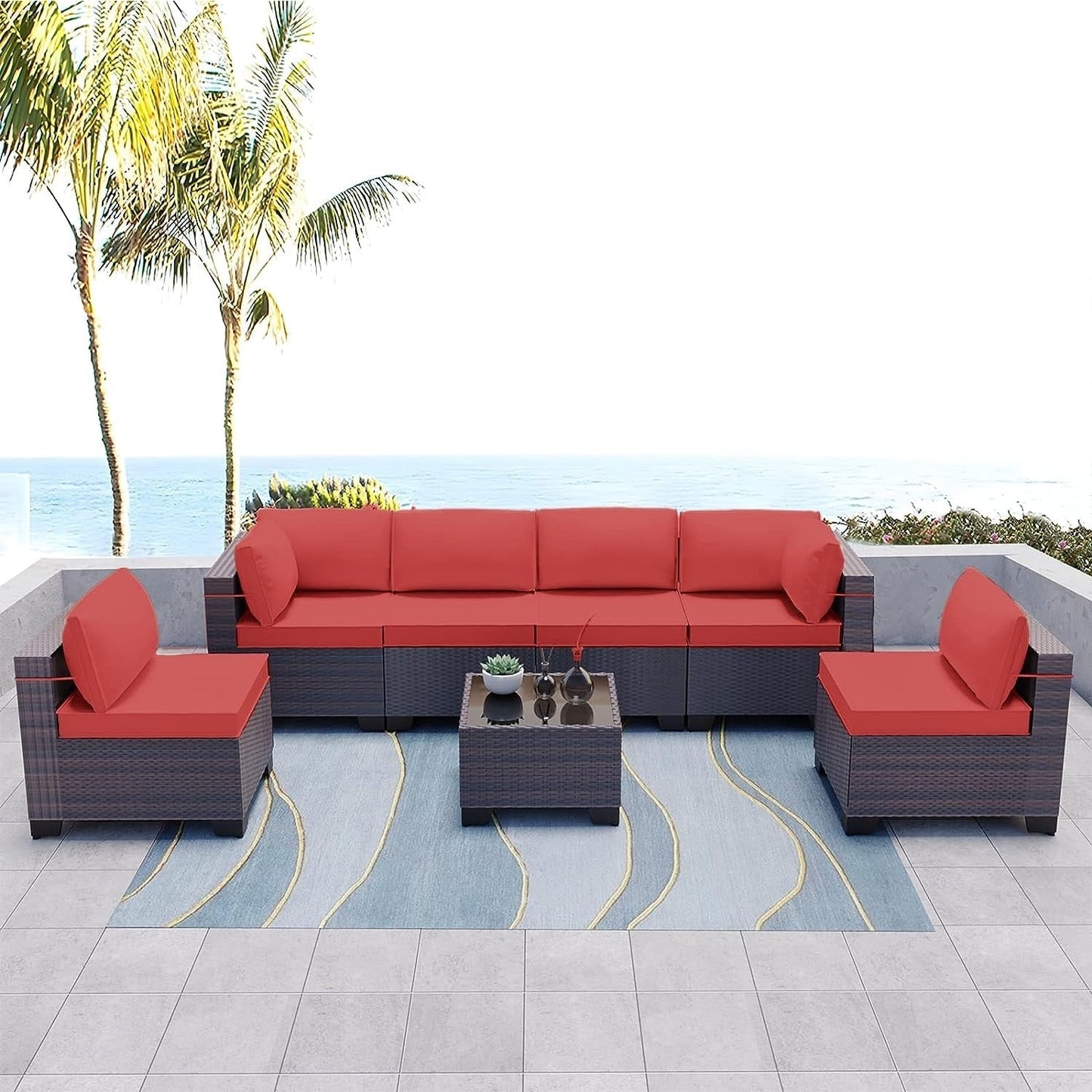 Kullavik 7 Pieces Outdoor Sectional Sofa Set Brown Wicker Patio Conversation Set with Seat Cushions and Tempered Glass Table