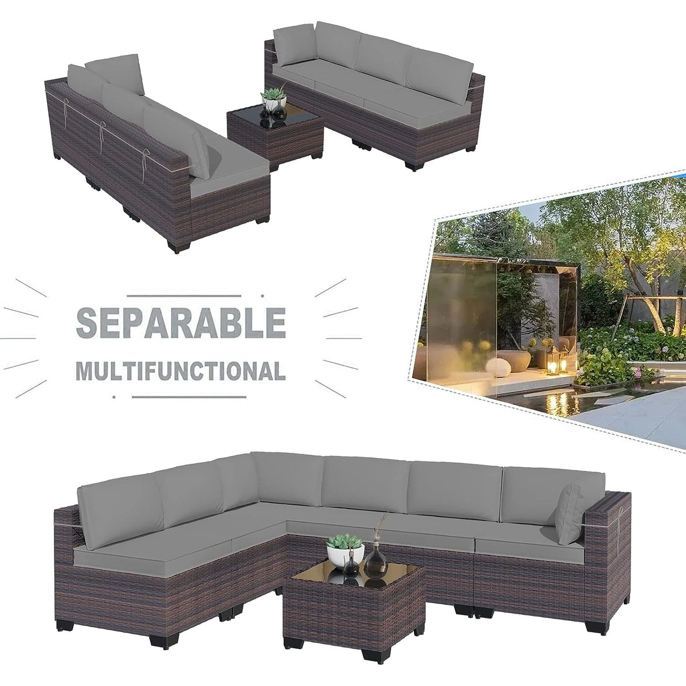 Kullavik 7 Pieces Outdoor Sectional Sofa Set Brown Wicker Patio Conversation Set with Seat Cushions and Tempered Glass Table