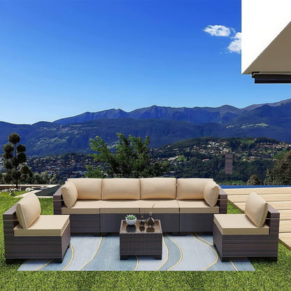 Kullavik 7 Pieces Outdoor Sectional Sofa Set Brown Wicker Patio Conversation Set with Seat Cushions and Tempered Glass Table