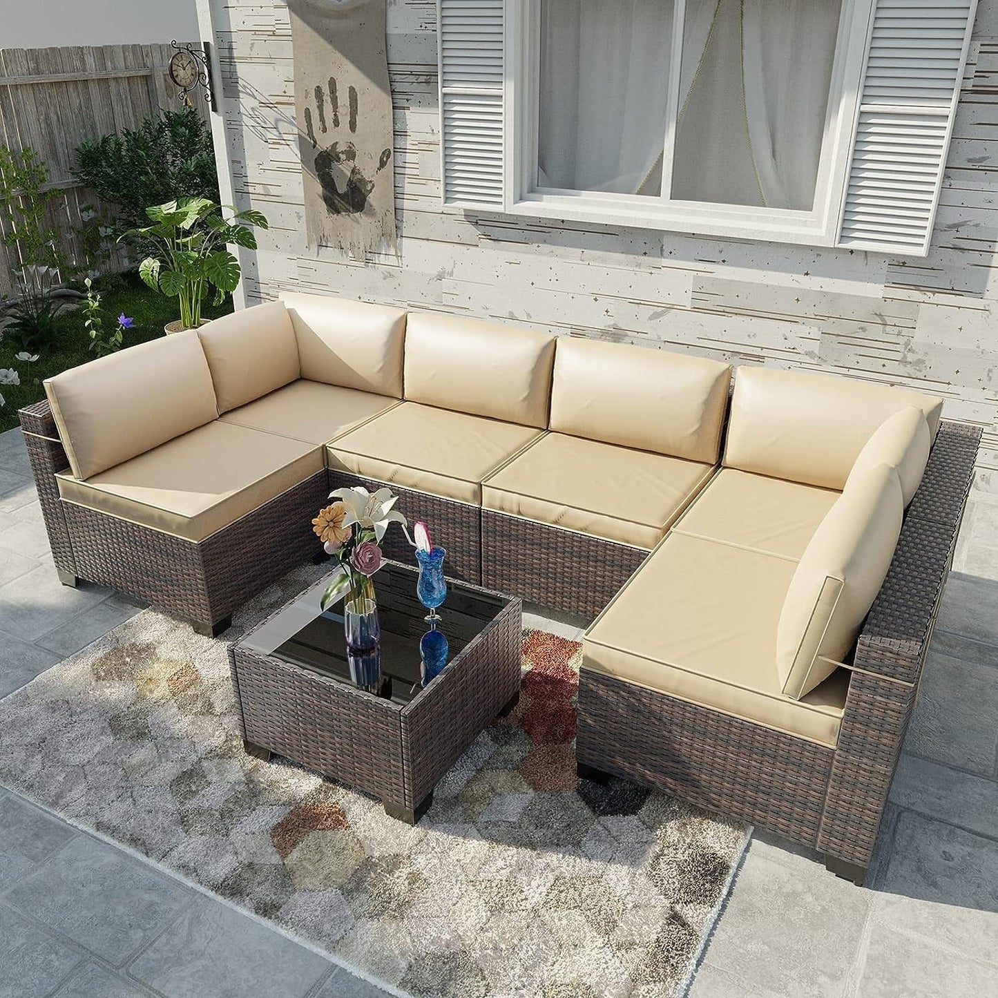 Kullavik 7 Pieces Outdoor Sectional Sofa Set Brown Wicker Patio Conversation Set with Seat Cushions and Tempered Glass Table