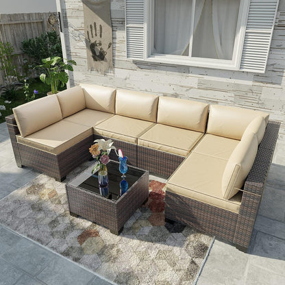 Kullavik 7 Pieces Outdoor Sectional Sofa Set Brown Wicker Patio Conversation Set with Seat Cushions and Tempered Glass Table