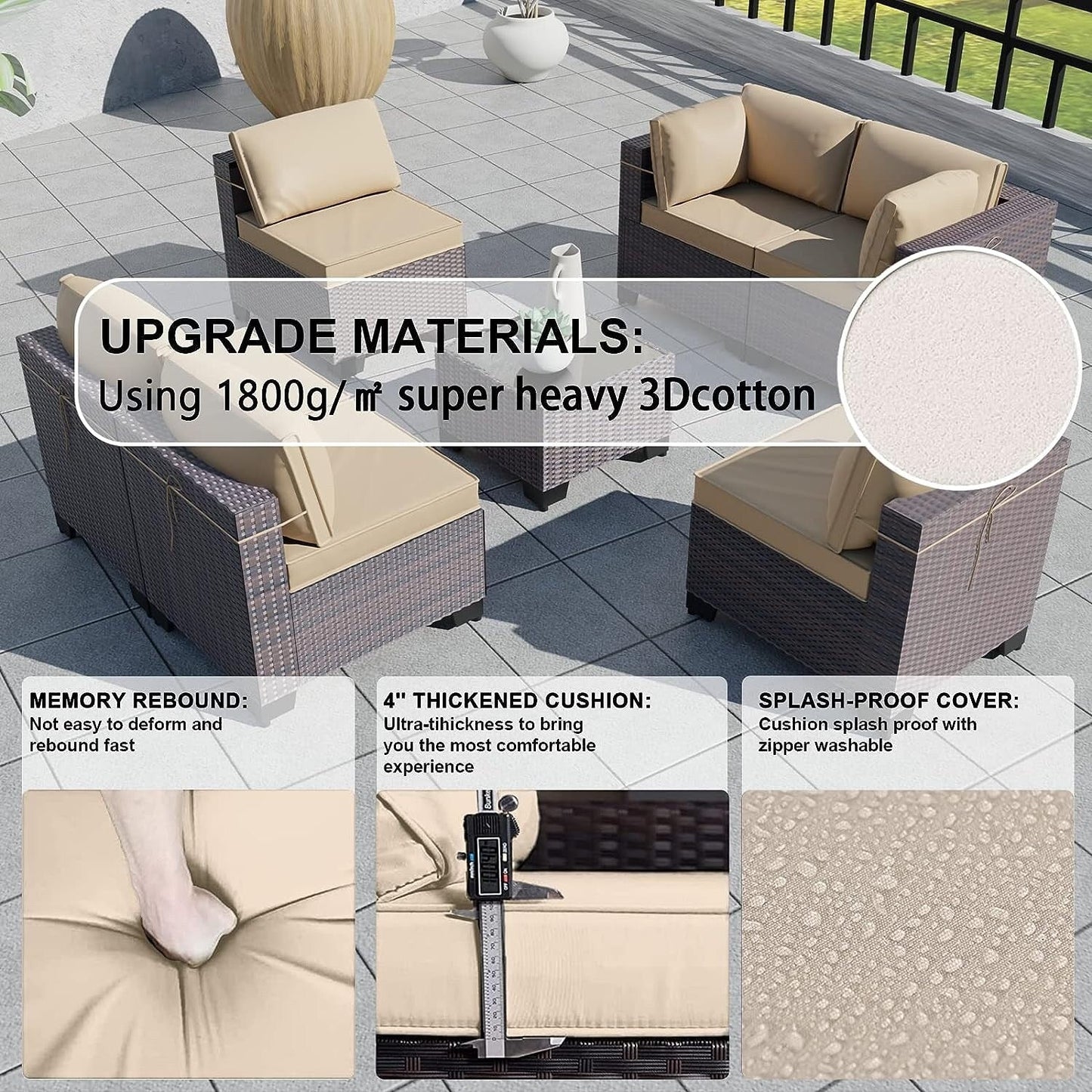 Kullavik 7 Pieces Outdoor Sectional Sofa Set Brown Wicker Patio Conversation Set with Seat Cushions and Tempered Glass Table
