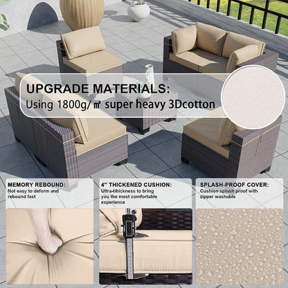 Kullavik 7 Pieces Outdoor Sectional Sofa Set Brown Wicker Patio Conversation Set with Seat Cushions and Tempered Glass Table