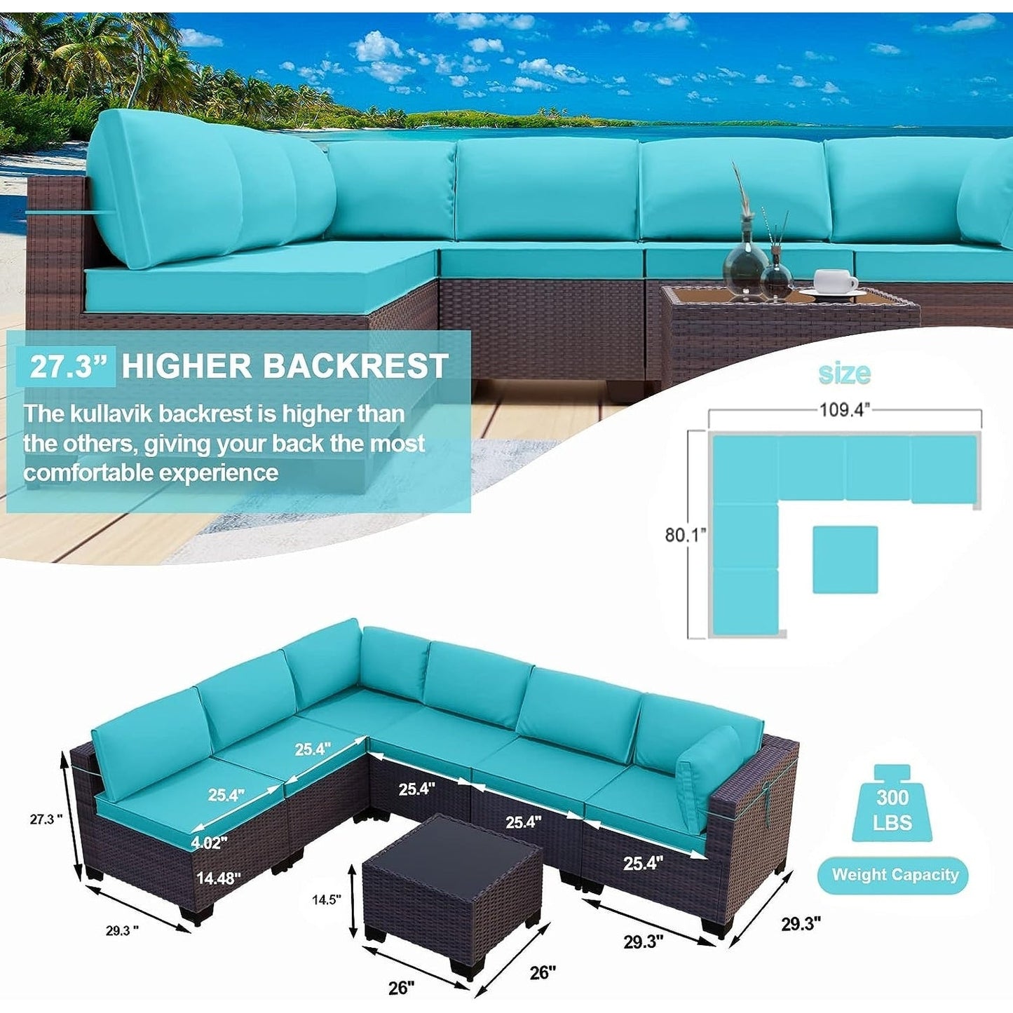 Kullavik 7 Pieces Outdoor Sectional Sofa Set Brown Wicker Patio Conversation Set with Seat Cushions and Tempered Glass Table
