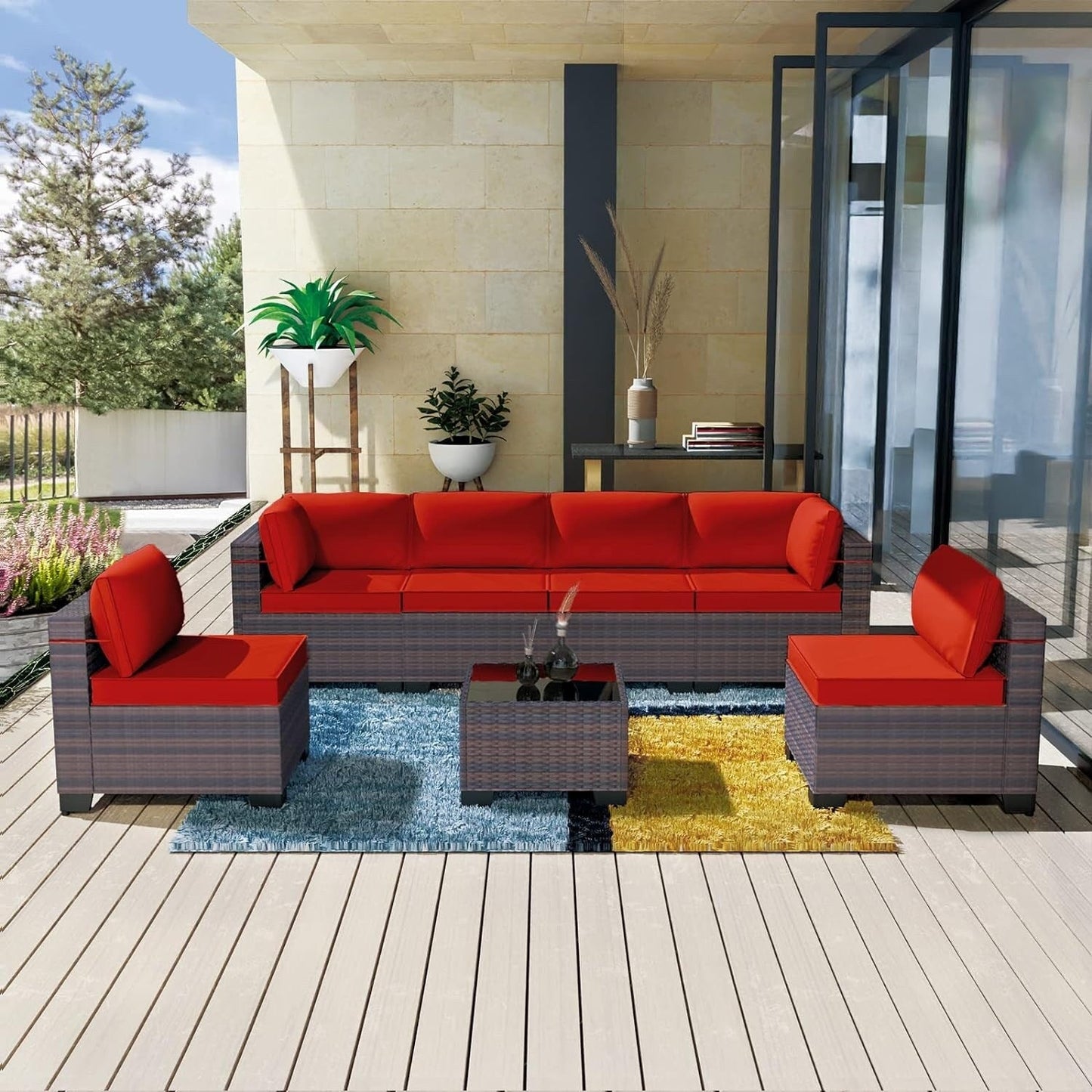 Kullavik 7 Pieces Outdoor Sectional Sofa Set Brown Wicker Patio Conversation Set with Seat Cushions and Tempered Glass Table
