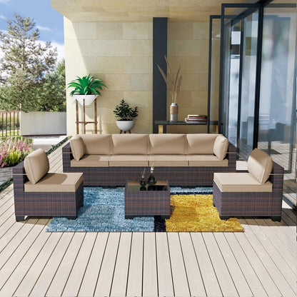 Kullavik 7 Pieces Outdoor Sectional Sofa Set Brown Wicker Patio Conversation Set with Seat Cushions and Tempered Glass Table