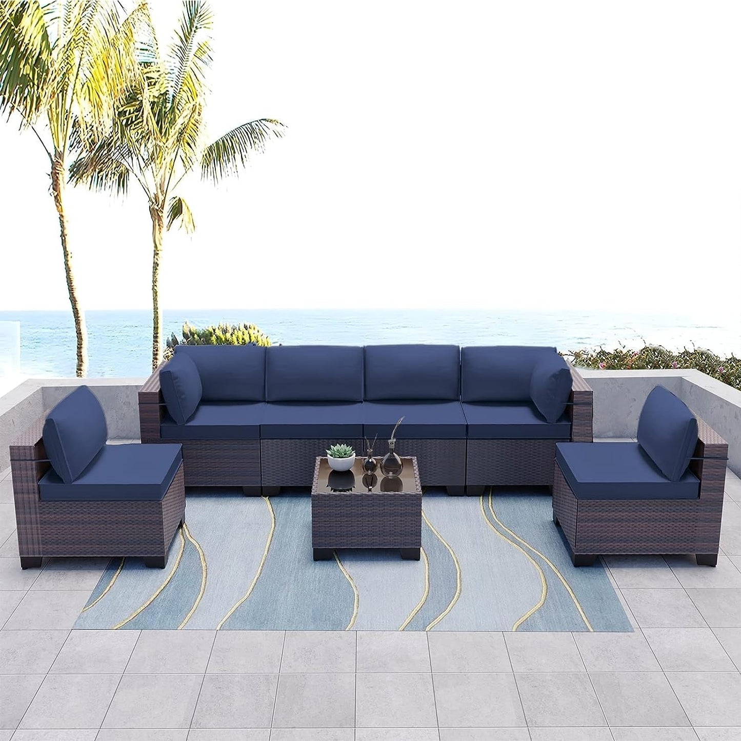 Kullavik 7 Pieces Outdoor Sectional Sofa Set Brown Wicker Patio Conversation Set with Seat Cushions and Tempered Glass Table