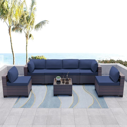 Kullavik 7 Pieces Outdoor Sectional Sofa Set Brown Wicker Patio Conversation Set with Seat Cushions and Tempered Glass Table