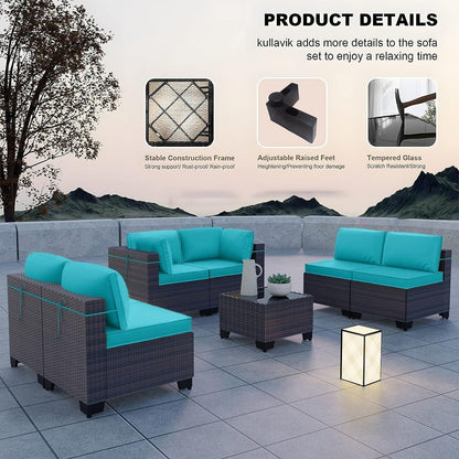 Kullavik 7 Pieces Outdoor Sectional Sofa Set Brown Wicker Patio Conversation Set with Seat Cushions and Tempered Glass Table