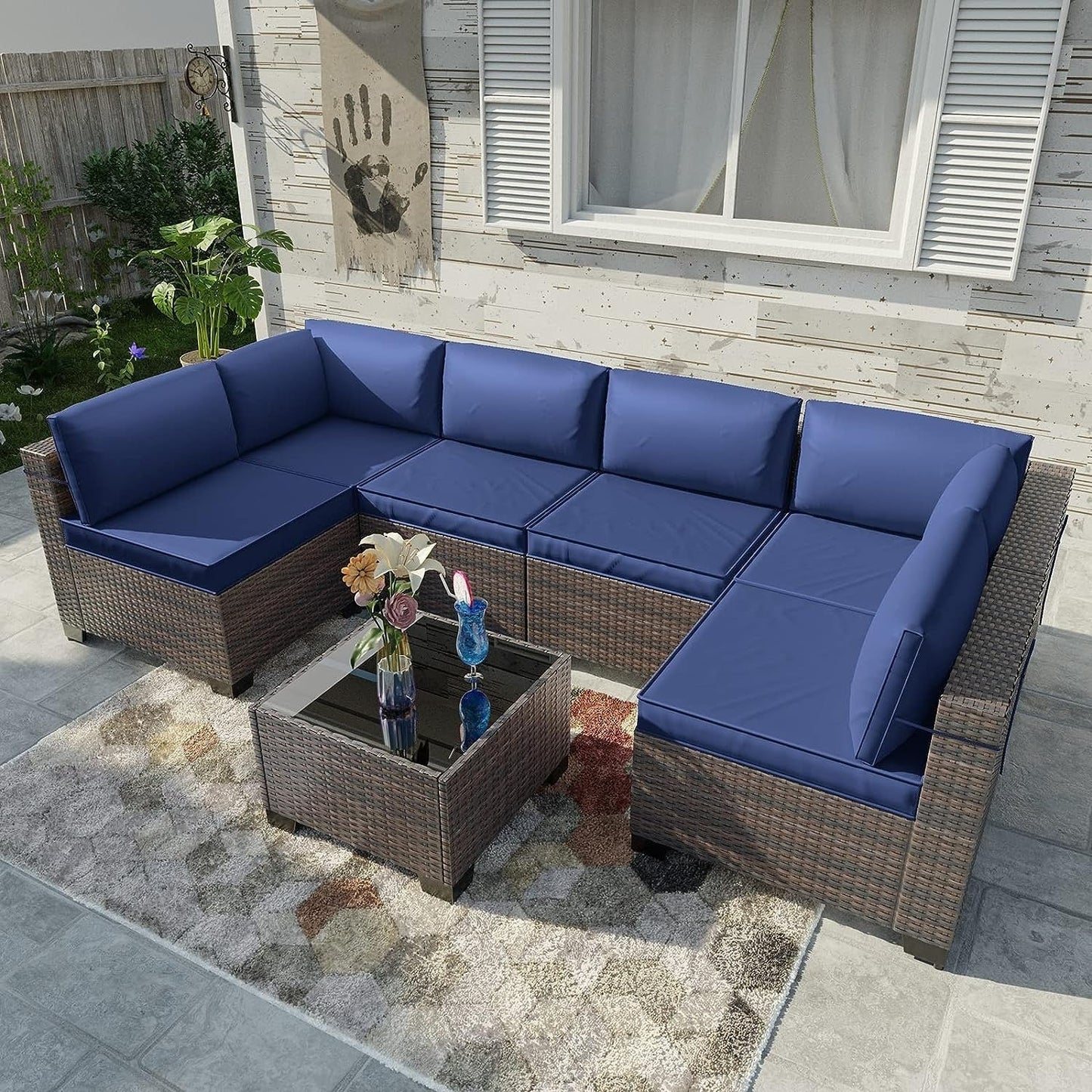 Kullavik 7 Pieces Outdoor Sectional Sofa Set Brown Wicker Patio Conversation Set with Seat Cushions and Tempered Glass Table
