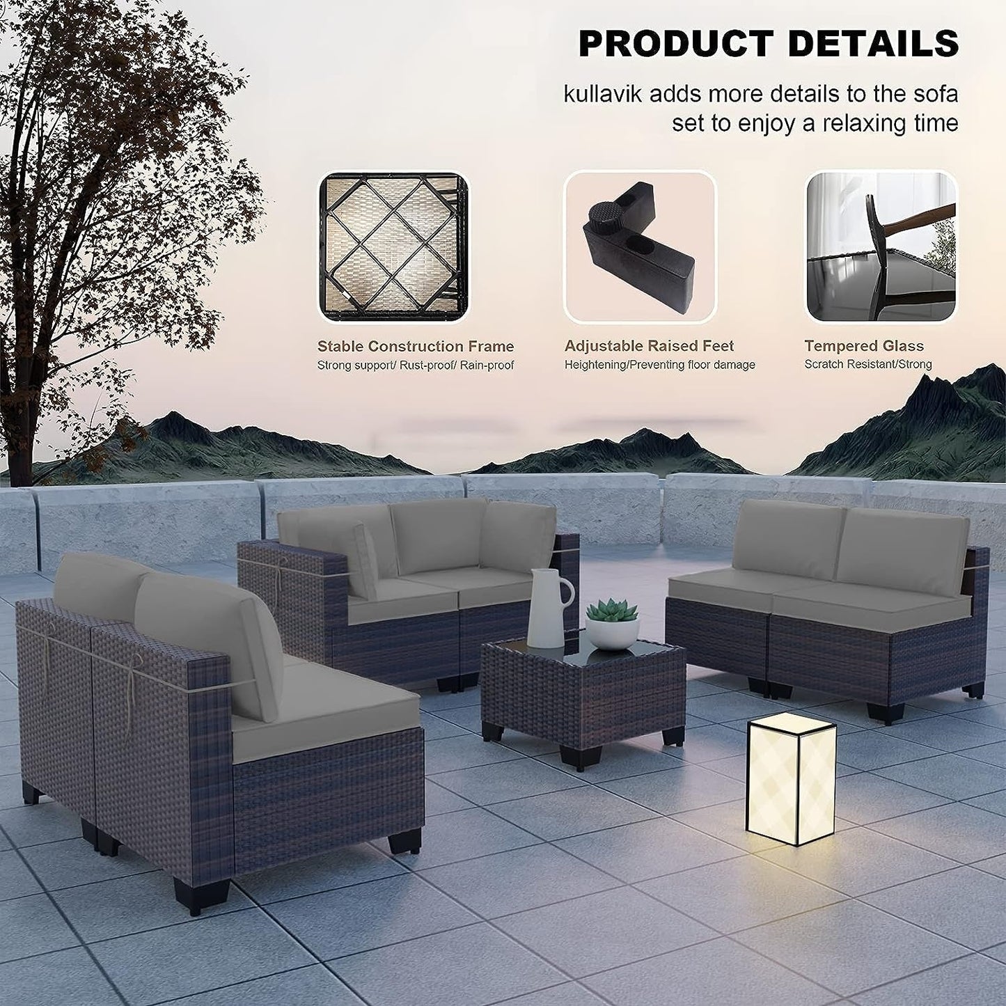 Kullavik 7 Pieces Outdoor Sectional Sofa Set Brown Wicker Patio Conversation Set with Seat Cushions and Tempered Glass Table