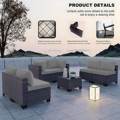 Kullavik 7 Pieces Outdoor Sectional Sofa Set Brown Wicker Patio Conversation Set with Seat Cushions and Tempered Glass Table