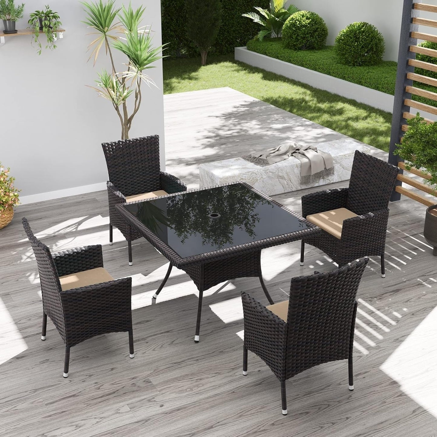 Kullavik Outdoor Dining Set, Rattan Patio Furniture Dining Table & Chairs - 5 Pcs