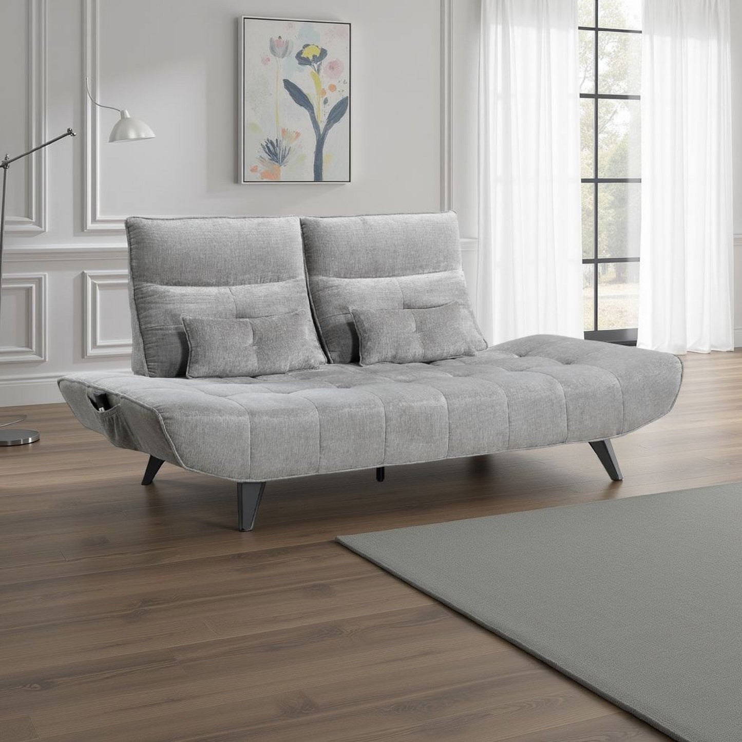 Kyan Adjustable Depth Power Reclining Sofa, 2 Pillows, Gray Chenille