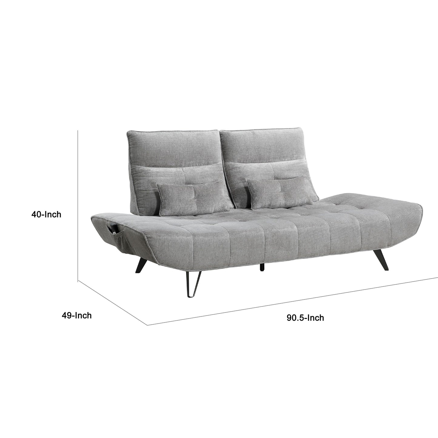 Kyan Adjustable Depth Power Reclining Sofa, 2 Pillows, Gray Chenille