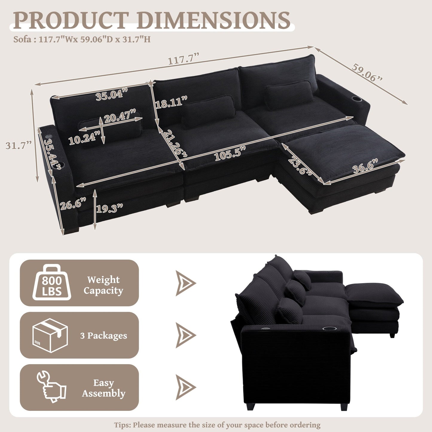 L Shape Sofa Couch with USB & Cup Holders, Corduroy Stripe Fabric 3 Seater Sofa with 1 Ottoman, Black