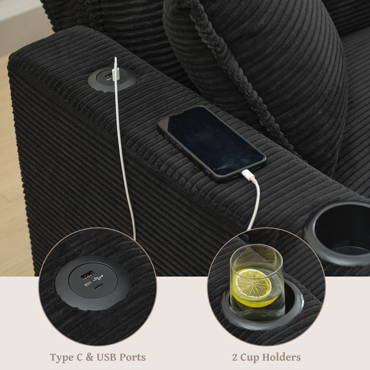 L Shape Sofa Couch with USB & Cup Holders, Corduroy Stripe Fabric 3 Seater Sofa with 1 Ottoman, Black