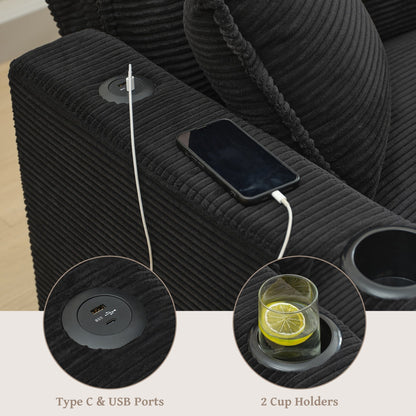 L Shape Sofa Couch with USB & Cup Holders, Corduroy Stripe Fabric 3 Seater Sofa with 1 Ottoman, Black