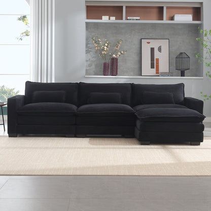 L Shape Sofa Couch with USB & Cup Holders, Corduroy Stripe Fabric 3 Seater Sofa with 1 Ottoman, Black