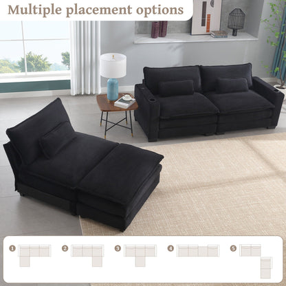 L Shape Sofa Couch with USB & Cup Holders, Corduroy Stripe Fabric 3 Seater Sofa with 1 Ottoman, Black