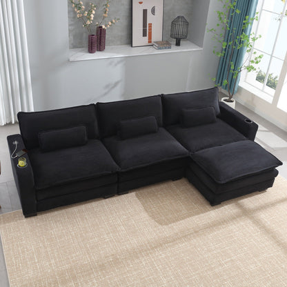 L Shape Sofa Couch with USB & Cup Holders, Corduroy Stripe Fabric 3 Seater Sofa with 1 Ottoman, Black