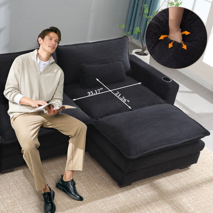 L Shape Sofa Couch with USB & Cup Holders, Corduroy Stripe Fabric 3 Seater Sofa with 1 Ottoman, Black